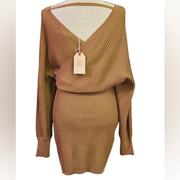 Love Tree Tan Ribbed Front Cross Long Sleeve Lightweight Sweater Dress,Large,NWT - Picture 2 of 16